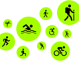 Trainingssymbole, stilisierte Personen laufen, gehen, schwimmen, nutzen einen Rollstuhl, wandern, fahren Fahrrad, machen einen Ausfallschritt, tanzen, stretchen sich und machen Yoga